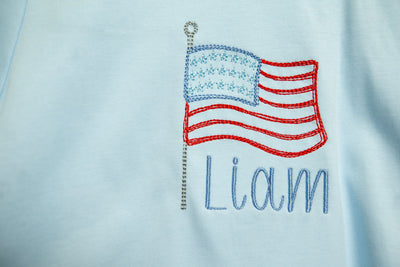 Boy Pima Tee in Blue with Flag Embroidery w/ "Liam", SIZE 5