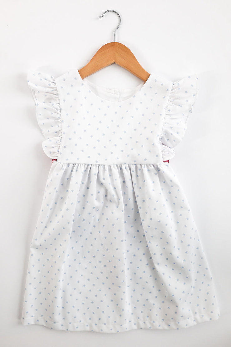 Grace Dress in Blue Star (#83) with Red Gingham (#5), Size 7