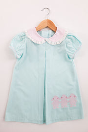 Maggie Dress in Aqua Seersucker (#31) with Pink Nano (#61), and Pink Lace (Trim D)