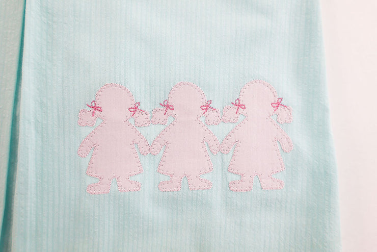 Maggie Dress in Aqua Seersucker (#31) with Pink Nano (#61), and Pink Lace (Trim D)