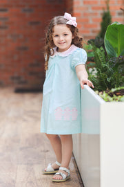 Maggie Dress in Aqua Seersucker (#31) with Pink Nano (#61), and Pink Lace (Trim D)