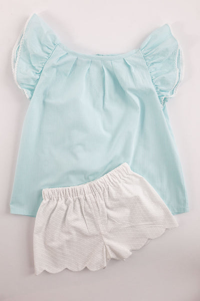 Ellie Top in Aqua Seersucker (#31) with White Edging (Trim E), Size 6
