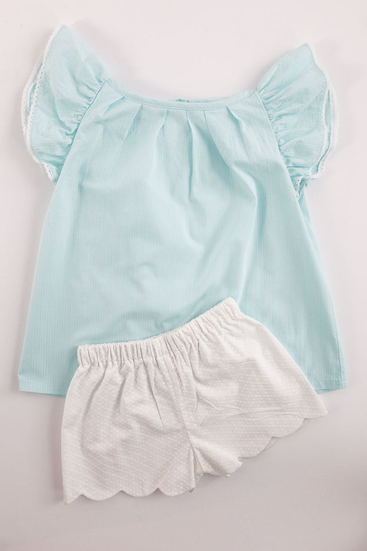 Ellie Top in Aqua Seersucker (#31) with White Edging (Trim E), Size 6