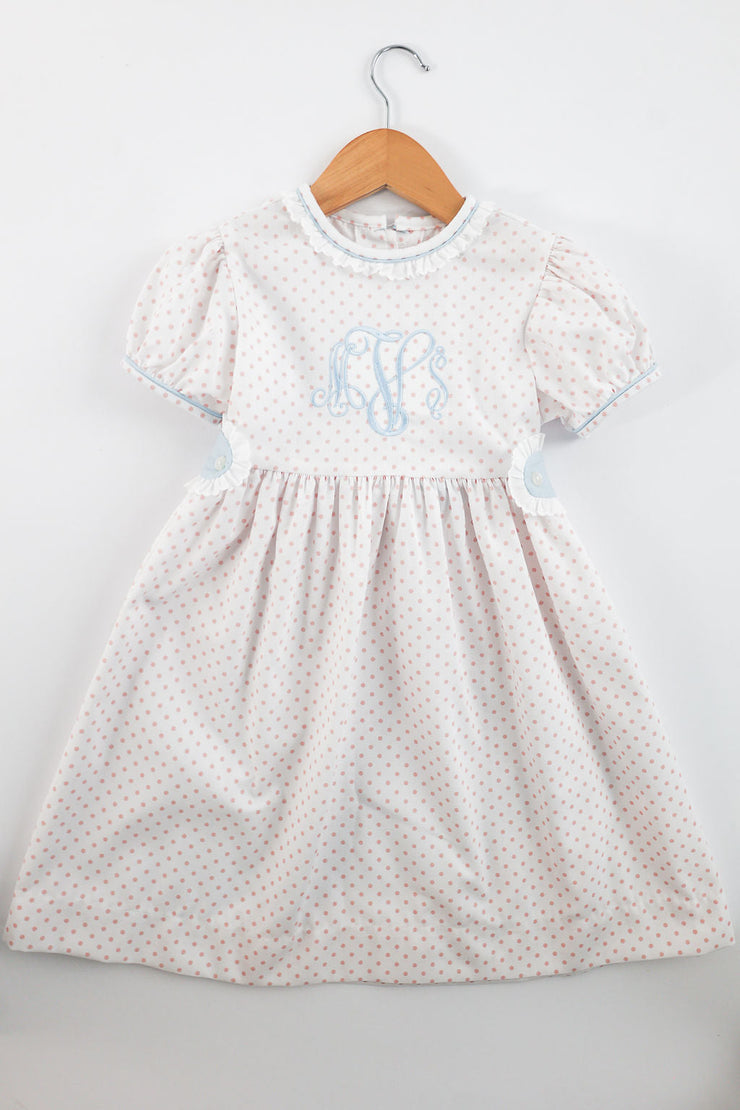 Mae Dress in Big Pink Dot (#65) with Blue Pique (#40) and White Lace (Trim A), Size 6 ***NO EMBROIDERY***