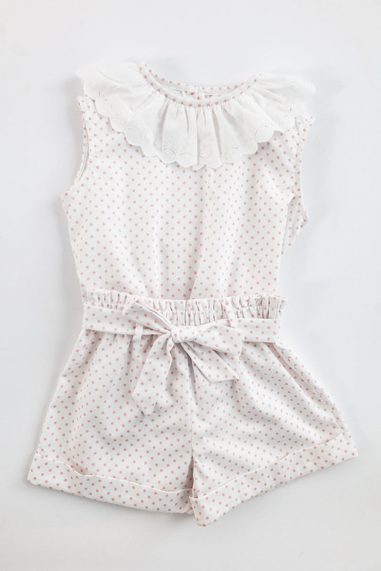 Janis Top in Big Pink Dot (#65) with White Bow Lace (Trim C), Size 10