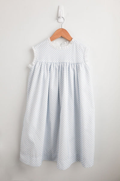 Katherine Dress in Blue Swiss Dot (#67) with White Lace (Trim A), Size 8