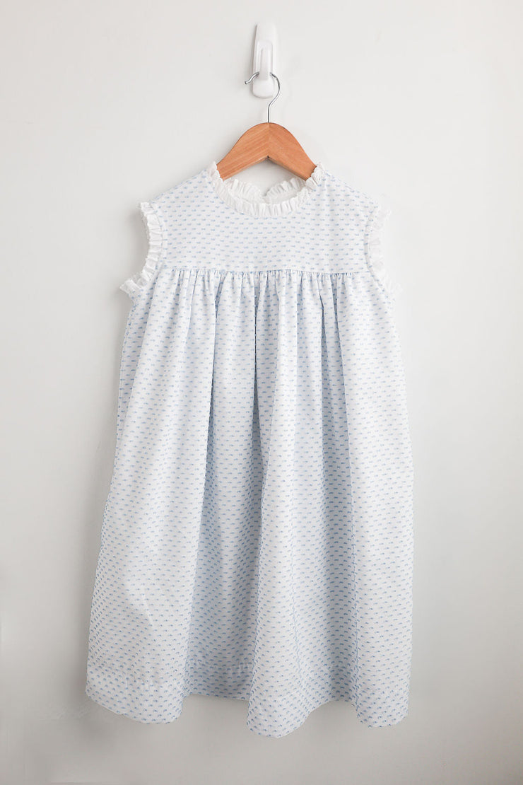 Katherine Dress in Blue Swiss Dot (#67) with White Lace (Trim A), Size 8