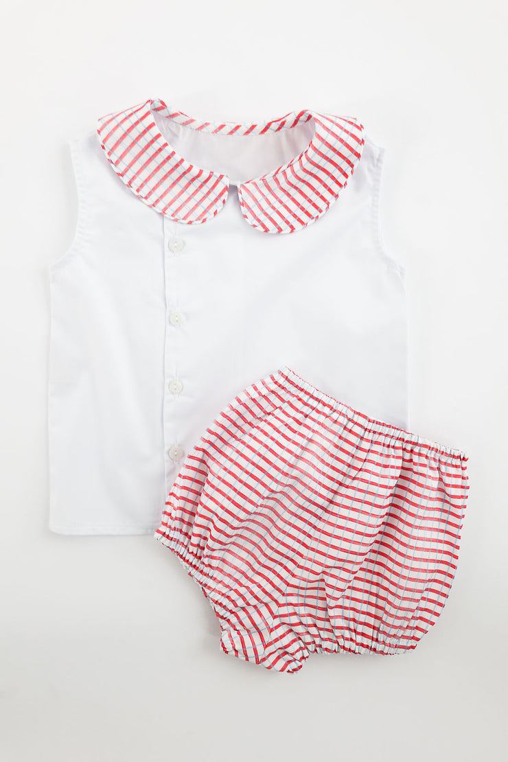 Bennett Top in White Nano (#63) with Patriotic Watercolor Plaid (#19)