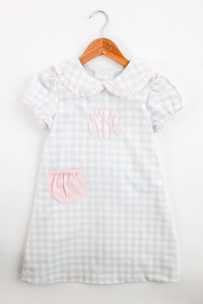 Bobby Apron Dress in Pink/Blue Plaid (#20) with Pink Pique (#39) and Pink Lace (Trim D), Size 6 ***NO EMBROIDERY***