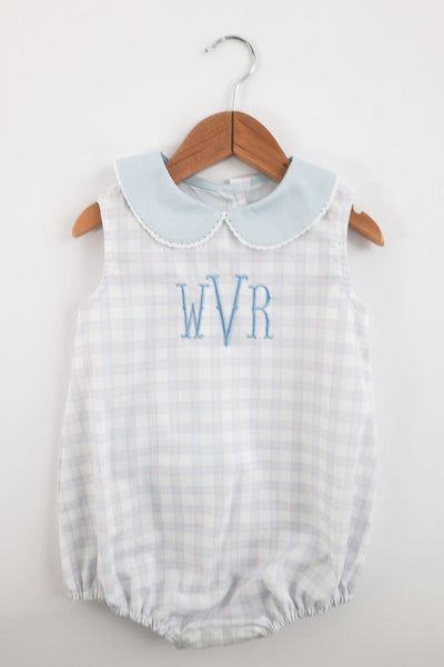 Colton Bubble in Pink/Blue Plaid (#20) with Blue Pique (#40) and White Edging (Trim E), Size 2t ***NO EMBROIDERY***