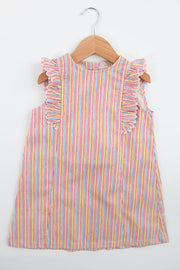 Katie Dress in Rainbow Stripe (#21) with Pink Ric Rac (Trim M)