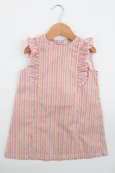 Katie Dress in Rainbow Stripe (#21) with Pink Ric Rac (Trim M), Size 4t