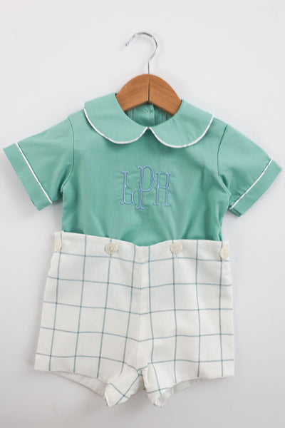 Connor Button On in Blue Picture Frame (#22) with Aloe Broadcloth (#47), Size 18m ***NO EMBROIDERY***