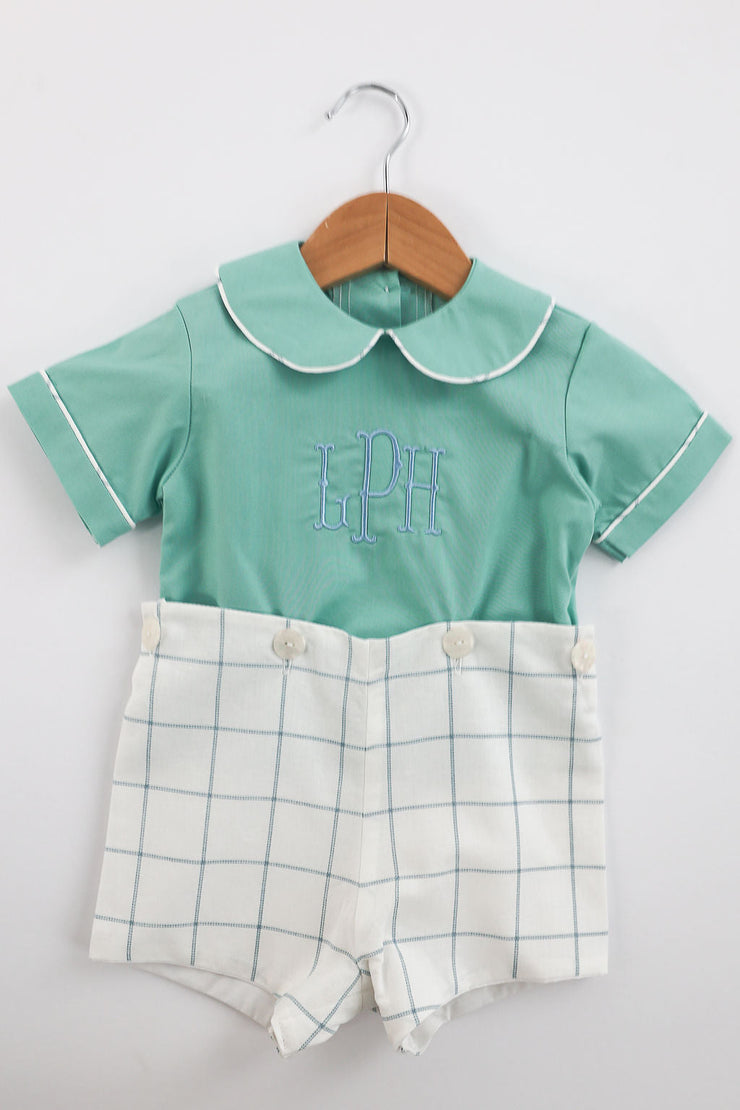 Connor Button On in Blue Picture Frame (#22) with Aloe Broadcloth (#47), Size 18m ***NO EMBROIDERY***