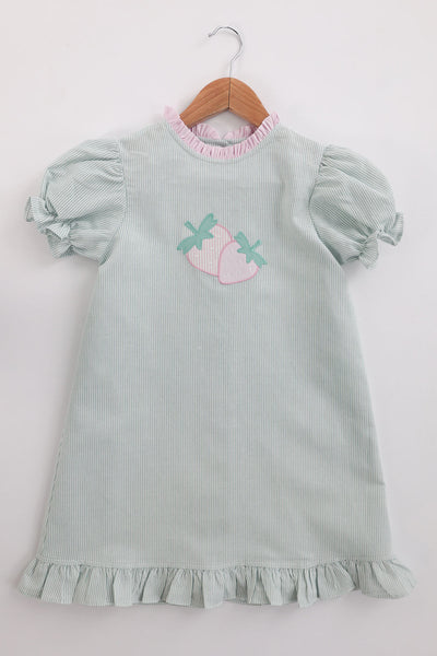 Caroline Dress in Green Stripe Linen (#23) with Pink Nano (#61), Size 6