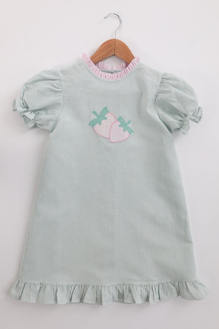 Caroline Dress in Green Stripe Linen (#23) with Pink Nano (#61), Size 6