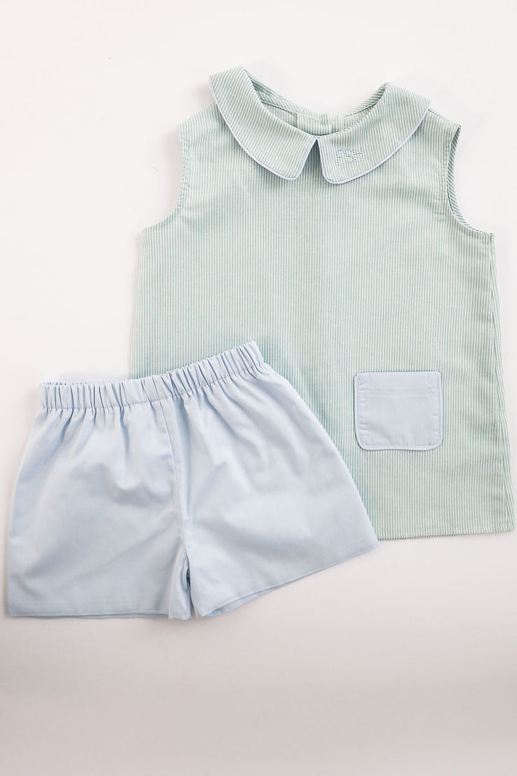 Patton Top in Green Stripe Linen (#23) with Blue Superfinen Twill (#36)