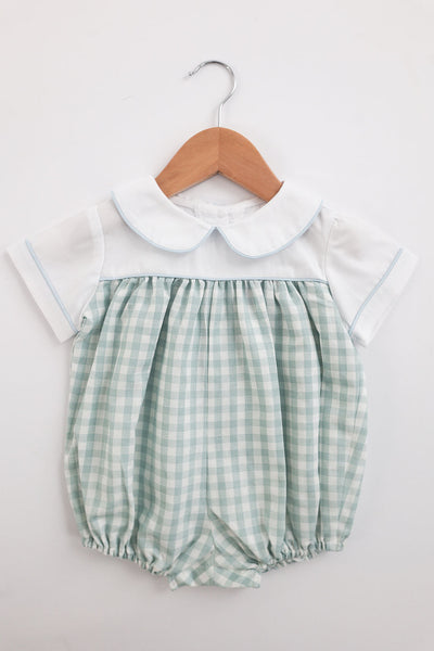 Harrison Bubble in Aqua Check Linen (#24) with White Pique (#37) and Blue Pique (#40), Size 12m