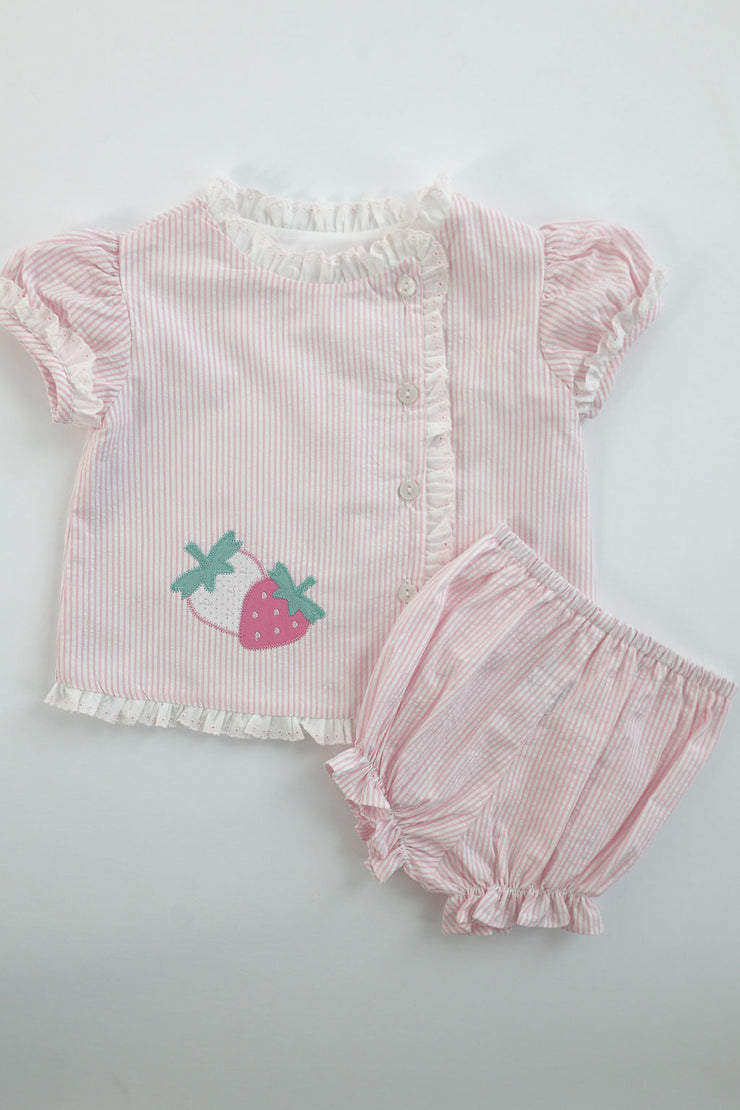 Girl Diaper Top in Pink Stripe Seersucker (#25) with Pink Lace (Trim D), Lined