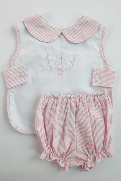 Lee Top in White Nano (#63) with Pink Stripe Seersucker (#25), Size 12m ***NO EMBROIDERY***