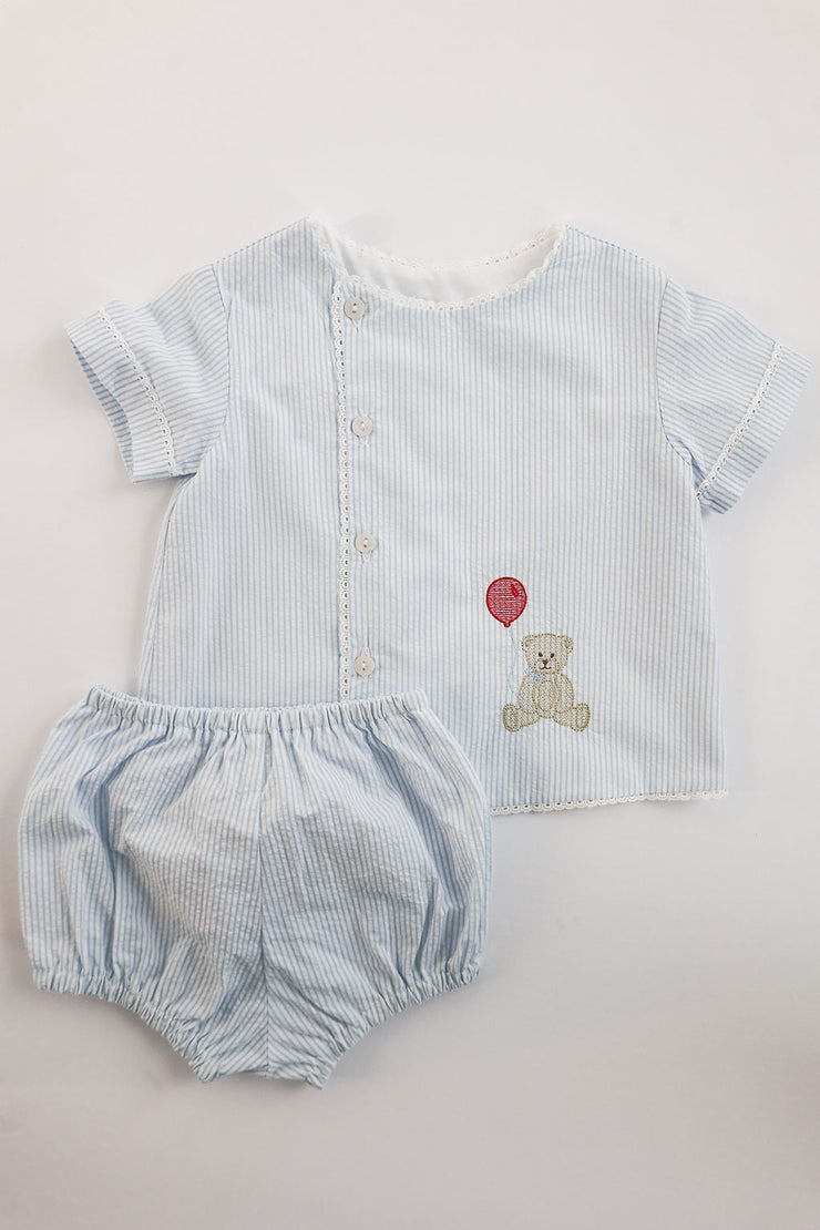 Boy Diaper Top in Blue Stripe Seersucker (#26) with White Edging (Trim E), Lined