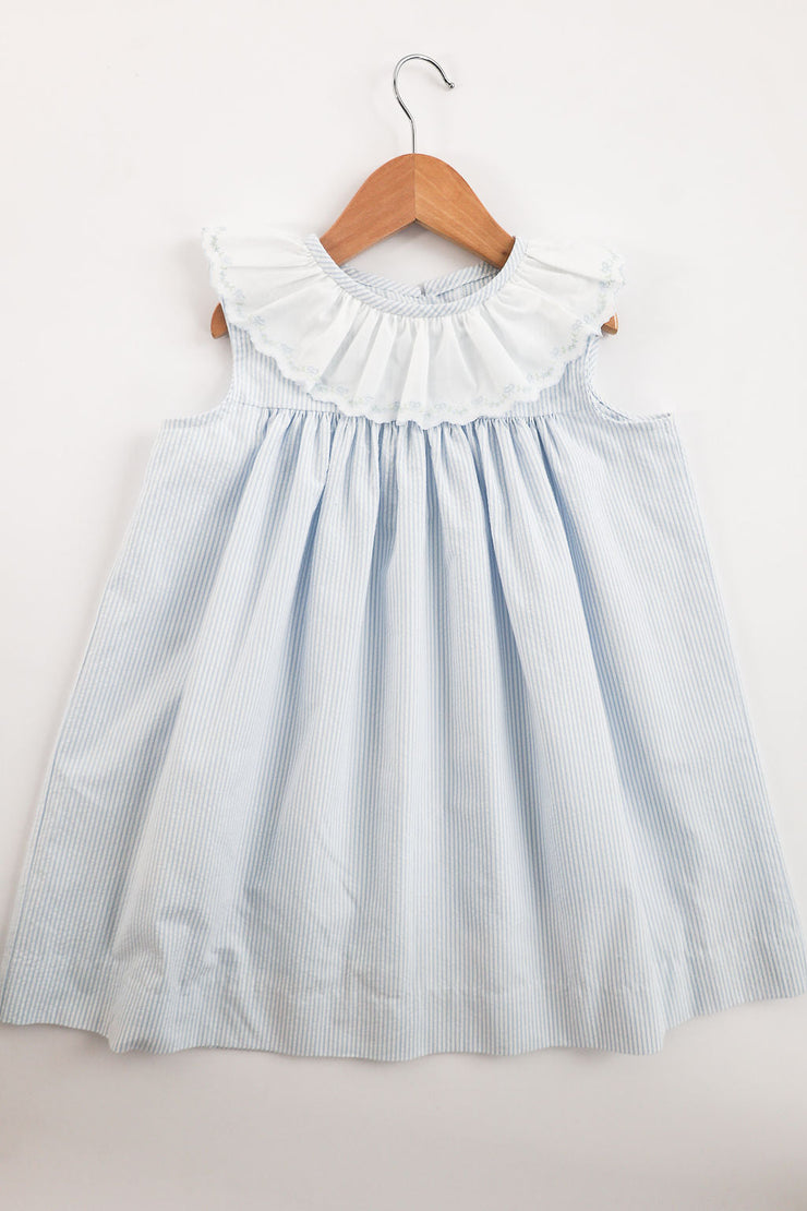 Marie Dress in Blue Stripe Seersucker (#26) with Blue Bow Lace (Trim I)