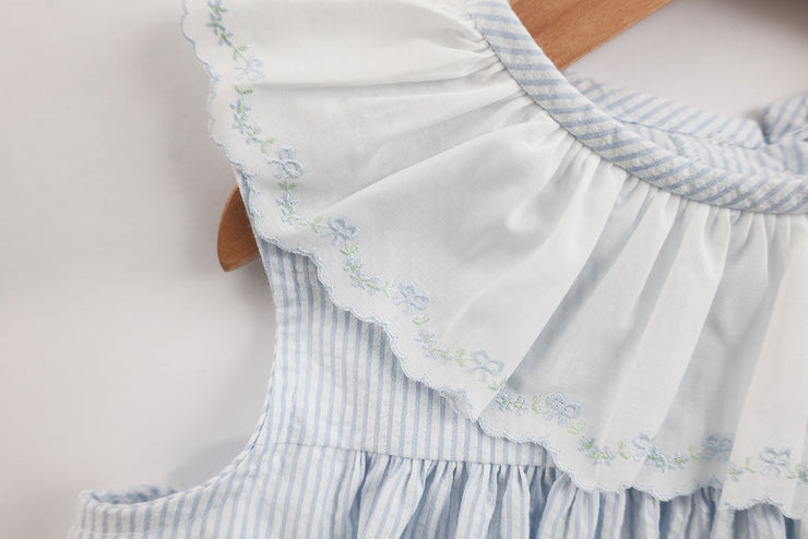 Marie Dress in Blue Stripe Seersucker (#26) with Blue Bow Lace (Trim I)