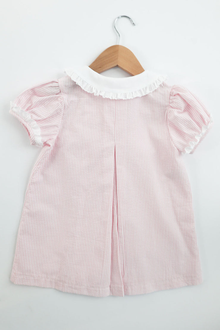 Aubrey Dress in Pink Stripe Seersucker (#25) with White Pique (#37) and Small White Lace (Trim B)