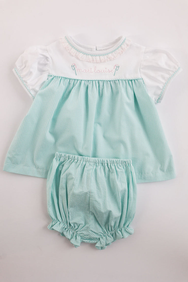 Girl Bloomer in Mint Check Seersucker (#1)