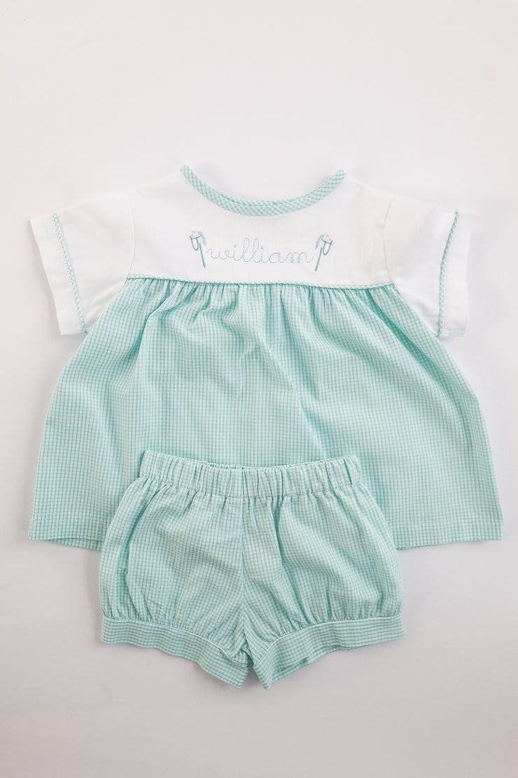 Caleb Top in Mint Check Seersucker (#1) with White Pique (#37)