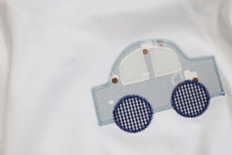 Boy Pima Tee in White with Car Applique, SIZE 6