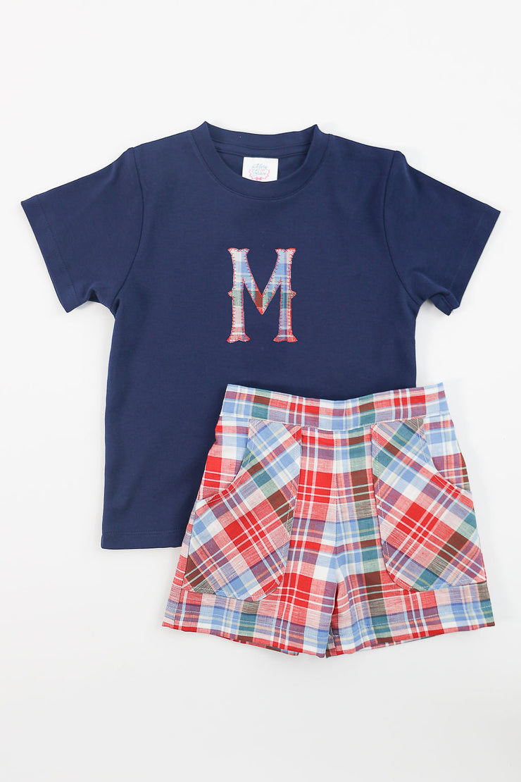 Boy Pima Tee in Navy with Dwell Initial Applique, Size 5