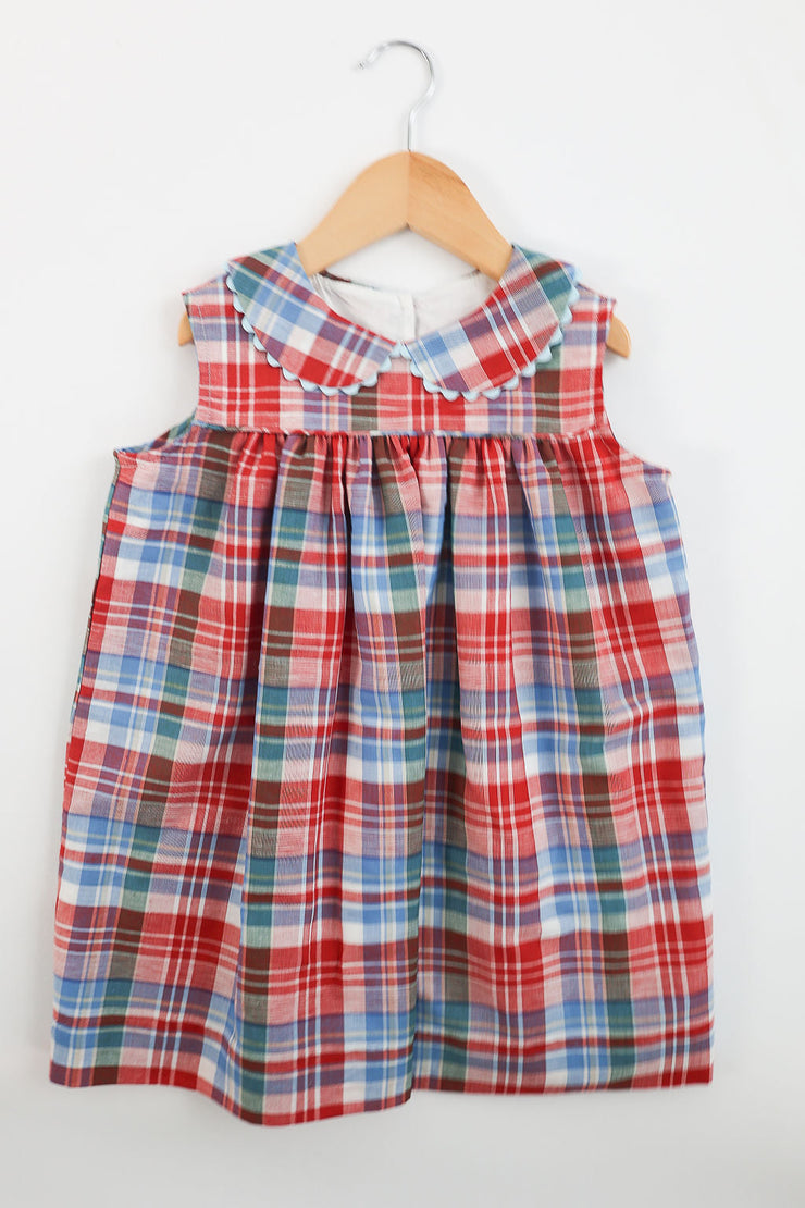 Libby Dress in Barrett Square Plaid (#38) with Blue Ric Rac (Trim K), Size 4t