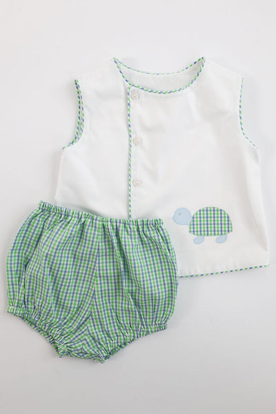 Boy Diaper Top in White Pique (#37) with Blue/Green Tattersall (#29), Size 18m