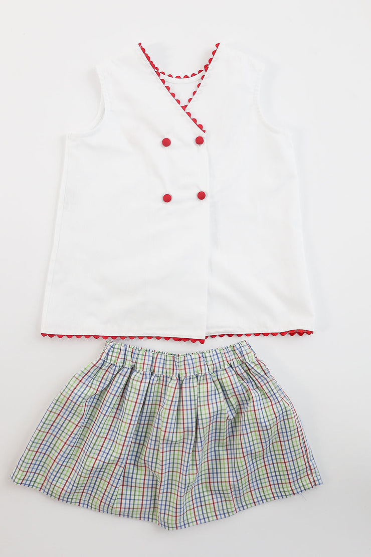 Ellianna Top in White Pique (#37) with Red Ric Rac (Trim J)