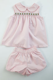 Libby Ribbon Top in Pink Stripe Seersucker (#25) with Pink Pique (#39) and Golden Doodle Ribbon (Trim R1)