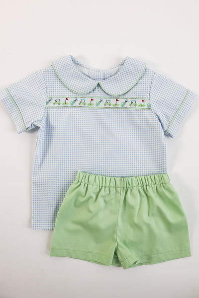 Tyler Ribbon Top in Blue Check (#2) with Pistachio Pique (#45) and Golf Cart Ribbon (Trim R2), Size 5