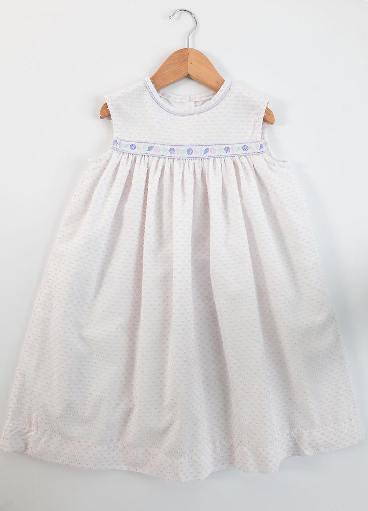 Brigitte Ribbon Dress in Pink Swiss Dot (#66) with Lilac Birdseye (#34) and Pink Shell Ribbon (Trim R4), Lined, Size 6