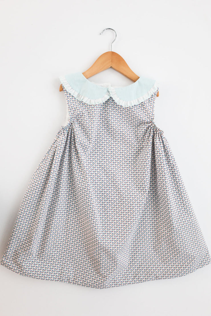 Alice Dress in Ditsy Floral (#54) with Aqua Chambray (#41) and Aqua Lace (Trim H), Lined, Size 6