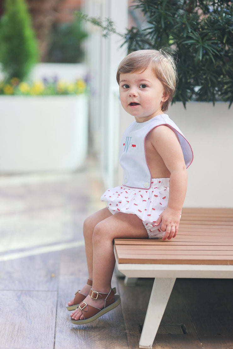 Button On Sun Suit in Red Wagons (#72) with Blue Superfine Twill (#36) and Red Gingham (#5)