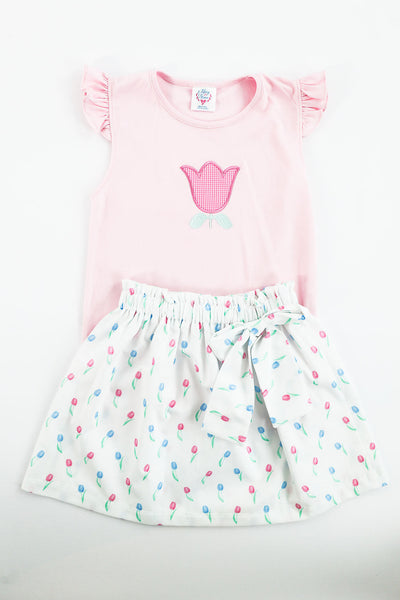 Pima Flutter Tee in Pink with Tulip Applique, Size 8