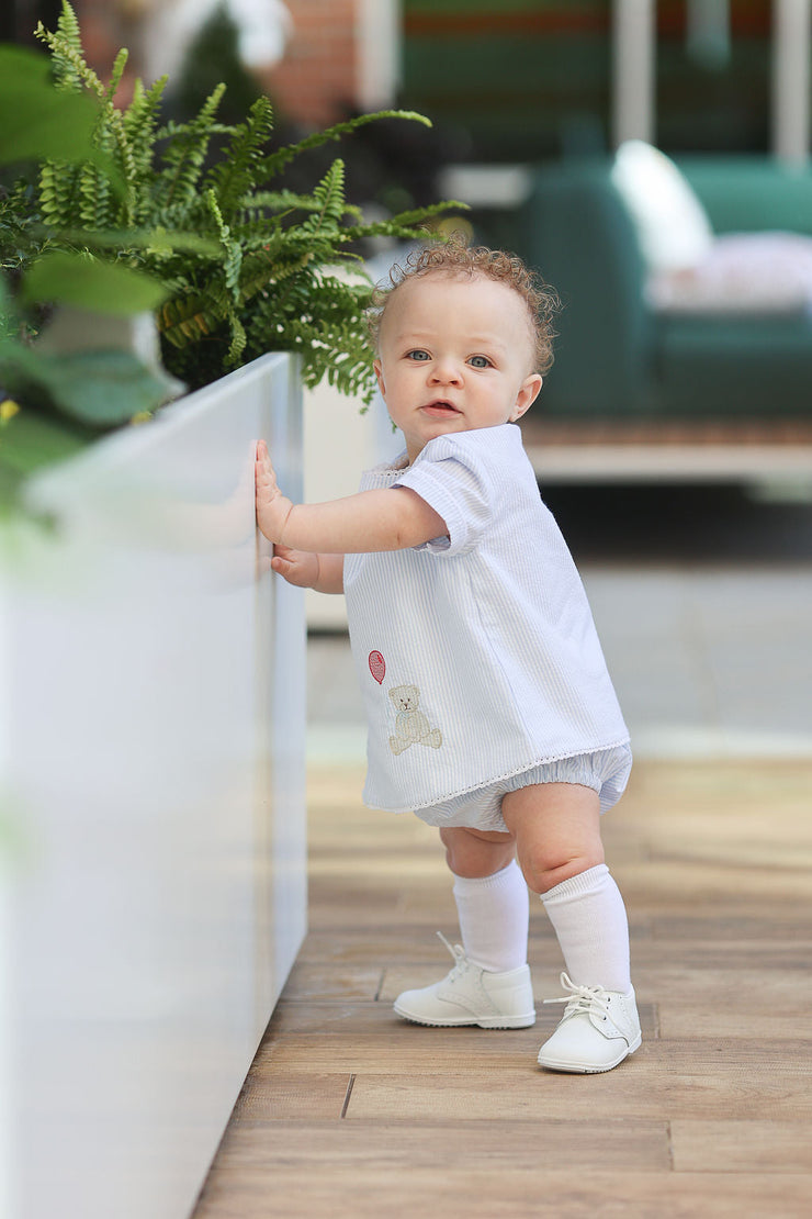 Boy Diaper Top in Blue Stripe Seersucker (#26) with White Edging (Trim E), Lined