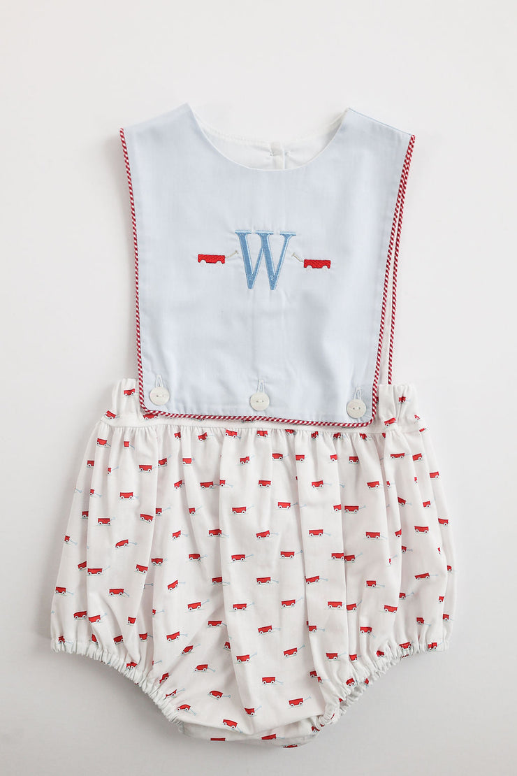 Button On Sun Suit in Red Wagons (#72) with Blue Superfine Twill (#36) and Red Gingham (#5)