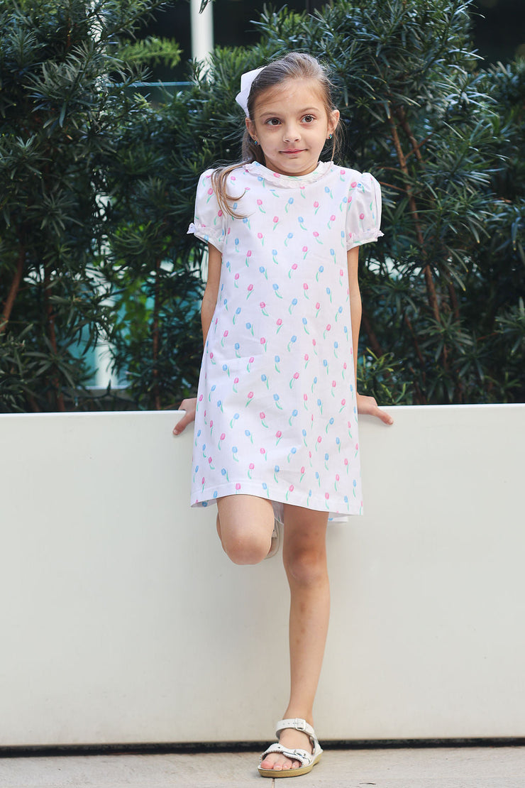 Jones Dress in Watercolor Tulips (#48) with Pink Lace (Trim D)