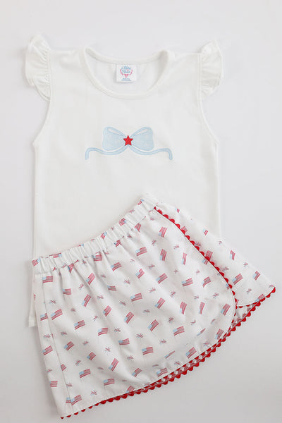 Pima Flutter Tee in White with Patriotic Bow Embroidery, Size 7