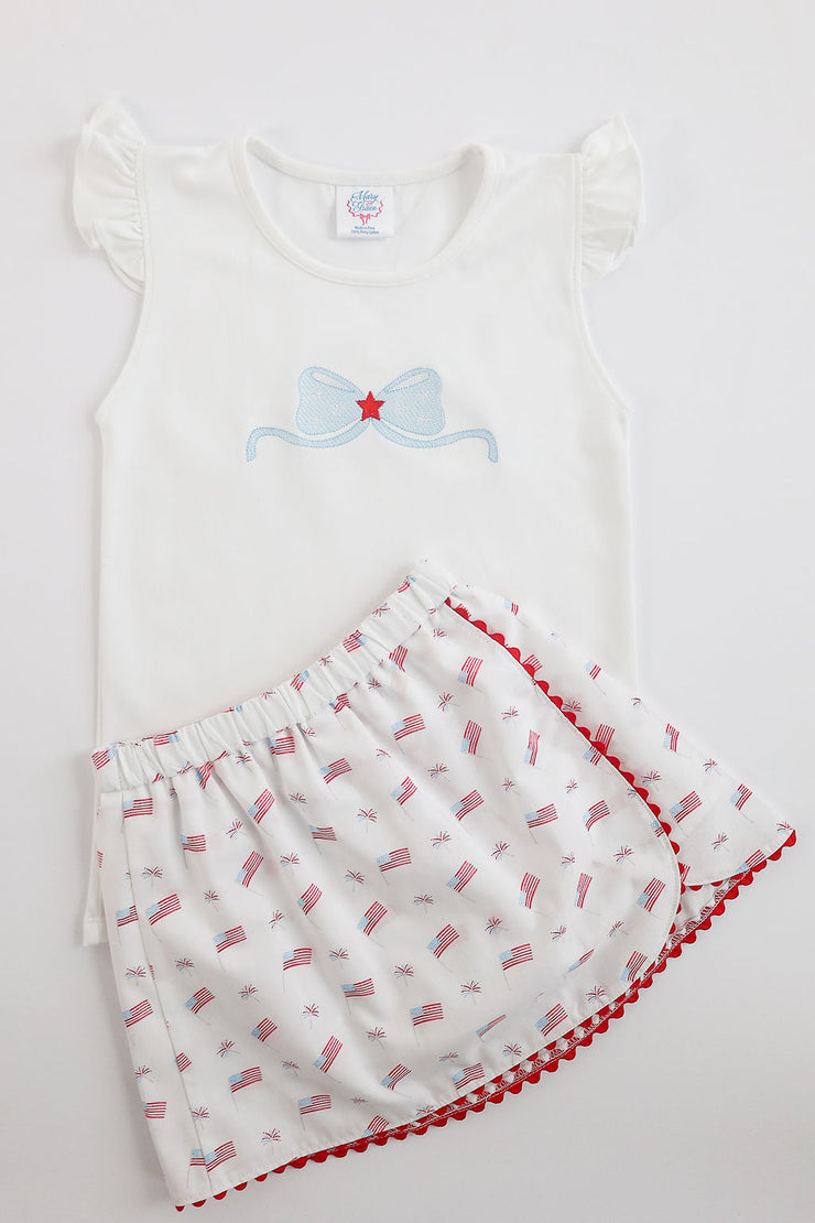 Pima Flutter Tee in White with Patriotic Bow Embroidery, Size 7