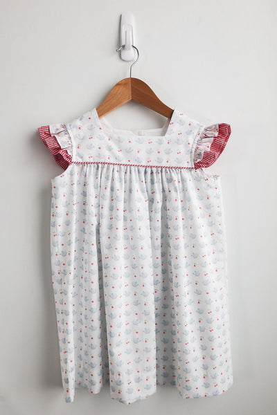 Double Flutter Dress in Bluebirds (#77) with Red Check Seersucker (#3), Size 5