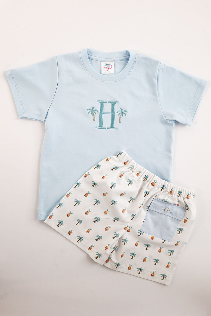 Boy Pima Tee in Blue with Palm Initial Embroidery, Size 6