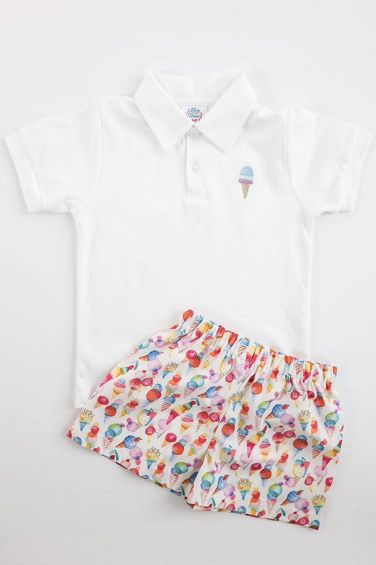 Boy Pima Polo in White with Ice Cream Cone Mini Embroidery