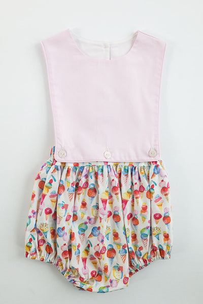 Button On Sun Suit in Watercolor Cones (#82) with Pink Nano (#61), Size 3t